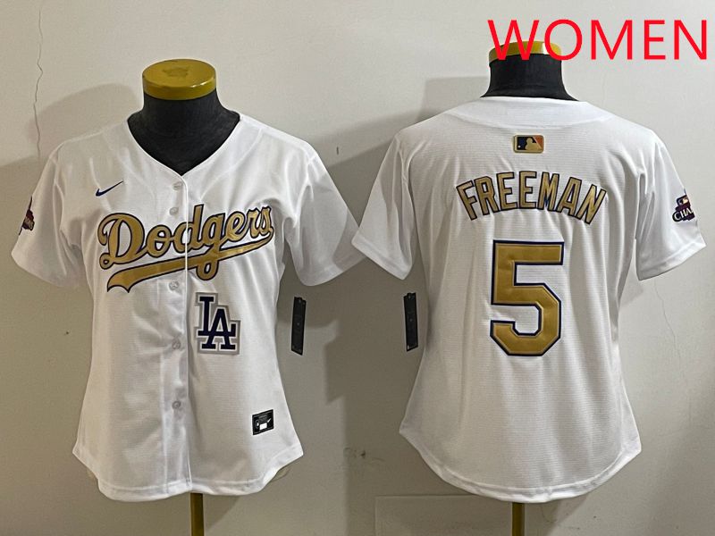 Women Los Angeles Dodgers 5 Freeman White Champion gold character 2025 Nike MLB Jersey style 4127